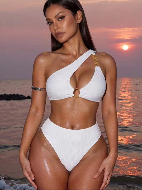 SHEIN Other - White One-Shoulder Asymmetric Bikini with Gold Ring Accents